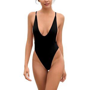 🆕Women Black Nylon High Cut Plunging V Neck One Piece Sexy Bathing Suit